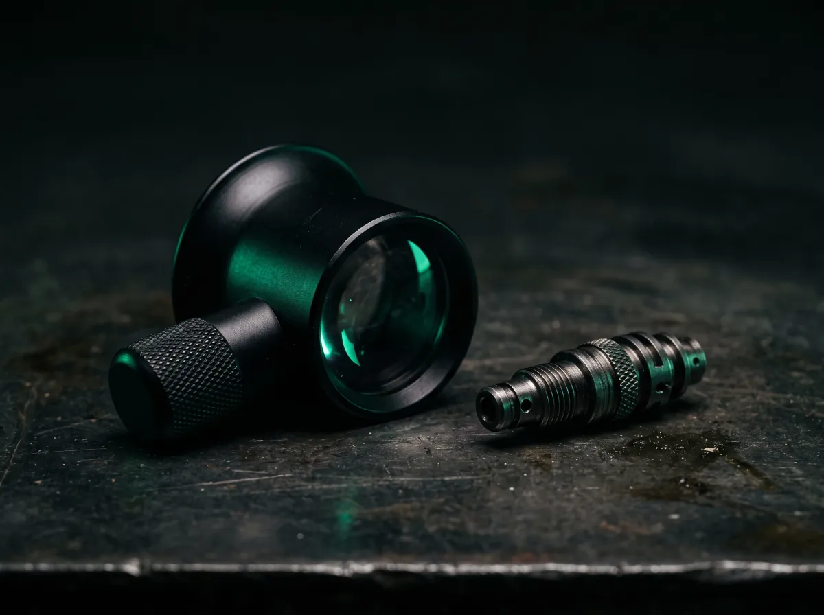 A jeweler's loupe and a machined part resting on a dark workbench