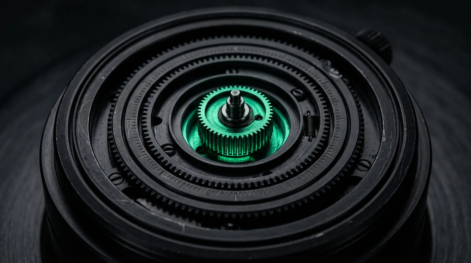 A precision mechanism of nested calibrated rings, one component lit from within