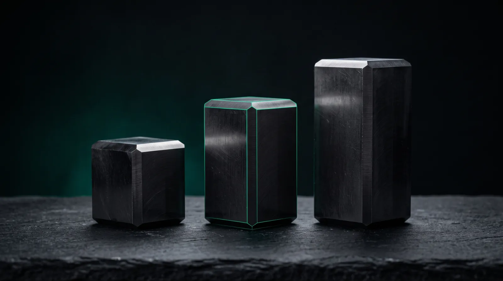 Three machined metal blocks of ascending height, the middle one outlined in green
